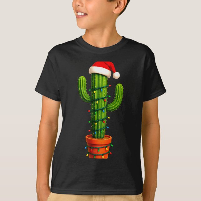 Camiseta Funny Cactus Santa Hat Xmas Tree Lights Merry Chri (Frente)