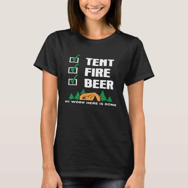 Camiseta Funny Camping Slogan Tent Fire Beer Checlist (Frente)