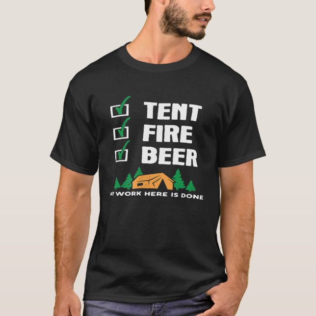 Camiseta Funny Camping Slogan Tent Fire Beer Checlist (Frente)