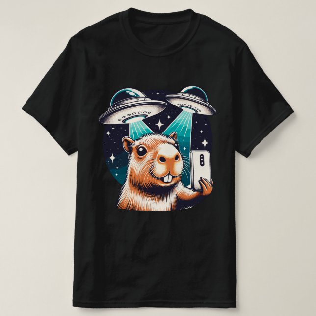 Camiseta Funny Capybara, Capybara Selfie com OVNIs (Frente do Design)