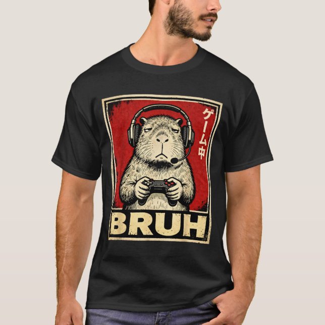 Camiseta Funny Capybara Gamer Bruh Graphic Tee Men Boys Tee (Frente)