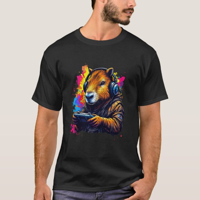 Camiseta Funny Capybara Tee Gamepad Fones de ouvido Videos  (Frente)