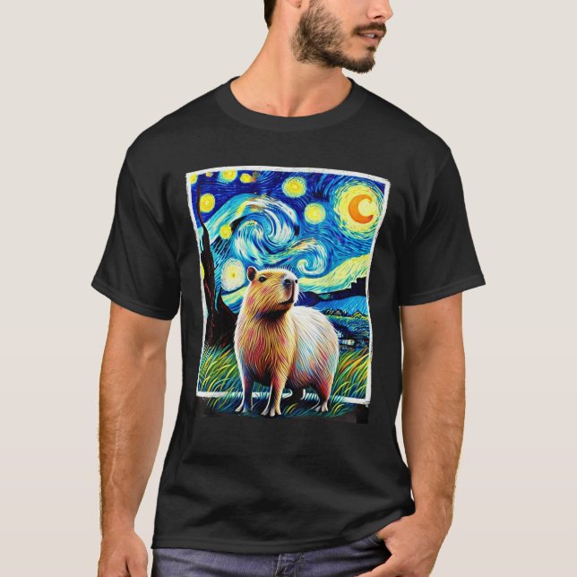 Camiseta Funny Capybara Van Gogh Estilo Starry Night Light  (Frente)
