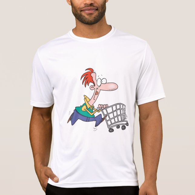 Camiseta Funny Cartoon Man Running With Shopping Cart (Frente)