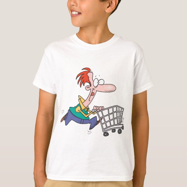 Camiseta Funny Cartoon Man Running With Shopping Cart (Frente)