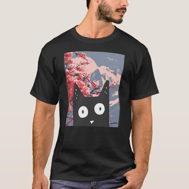 Camiseta Funny Cat and Japanese Cherry Blossom Sakura (Frente)
