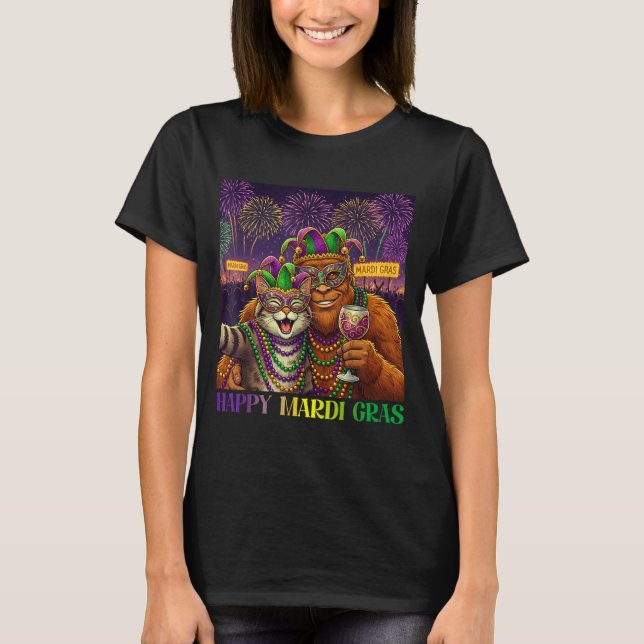 Camiseta Funny Cat Bigfoot Selfie Mardi Gras Carnival Party (Frente)