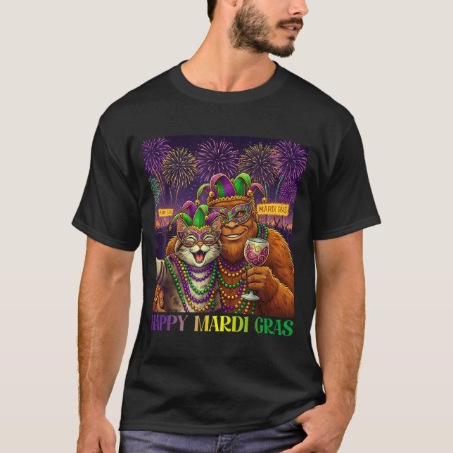 Camiseta Funny Cat Bigfoot Selfie Mardi Gras Carnival Party (Frente)