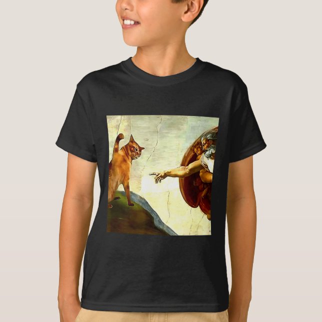 Camiseta Funny Cat God Creation Of Adam Meme Jesus Christia (Frente)