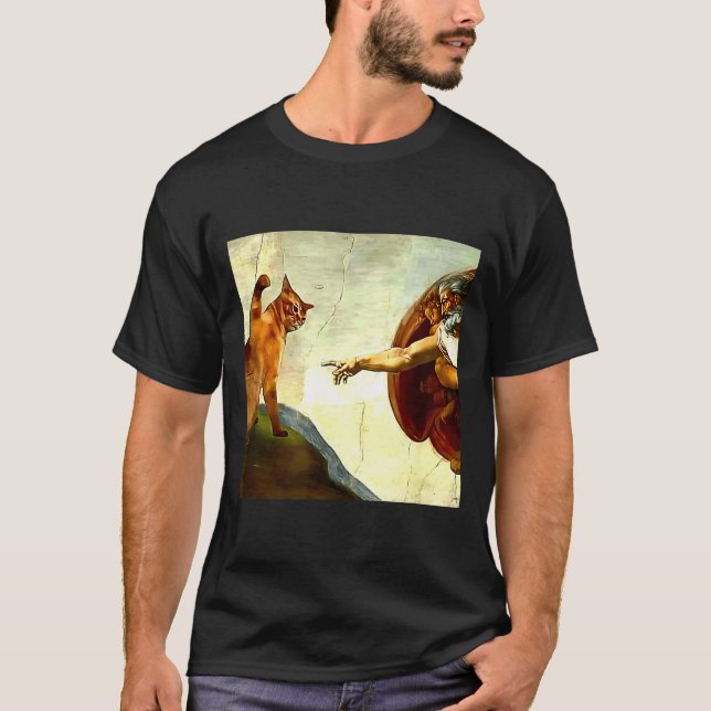Camiseta Funny Cat God Creation Of Adam Meme Jesus Christia (Frente)