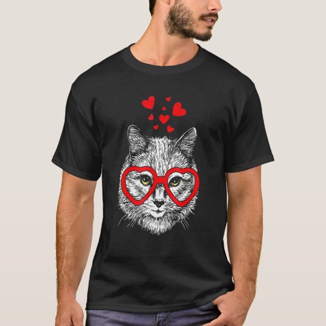Camiseta Funny Cat Heart Glasses Valentine's Day (Frente)