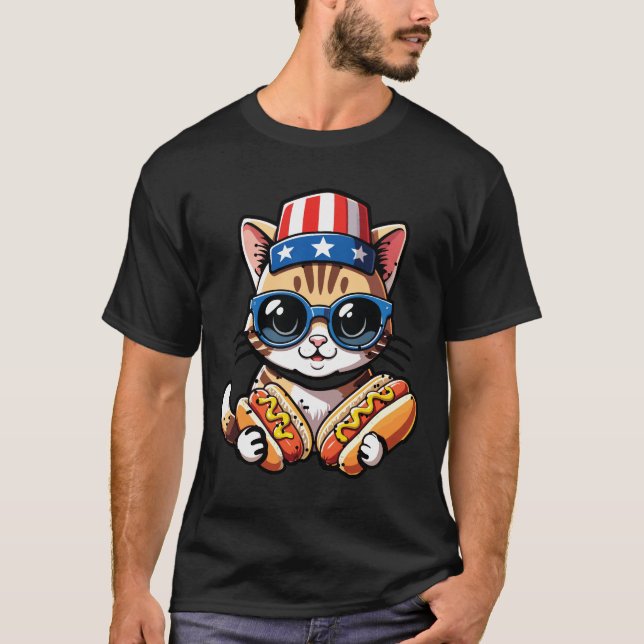 Camiseta Funny  Cat Hot Dog Fourth of July Foodie (Frente)