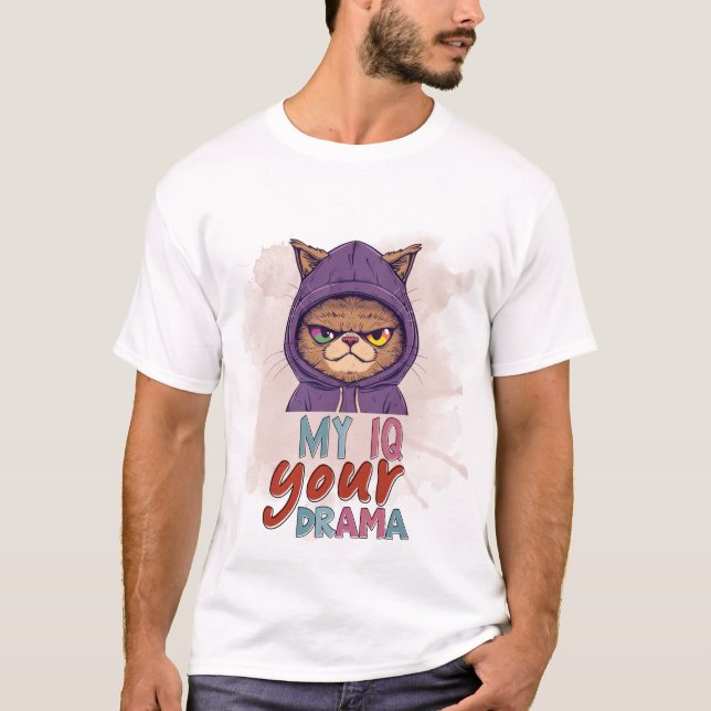 Camiseta Funny Cat in Hoodie My IQ Your Drama Sassy Art 🐈‍ (Frente)