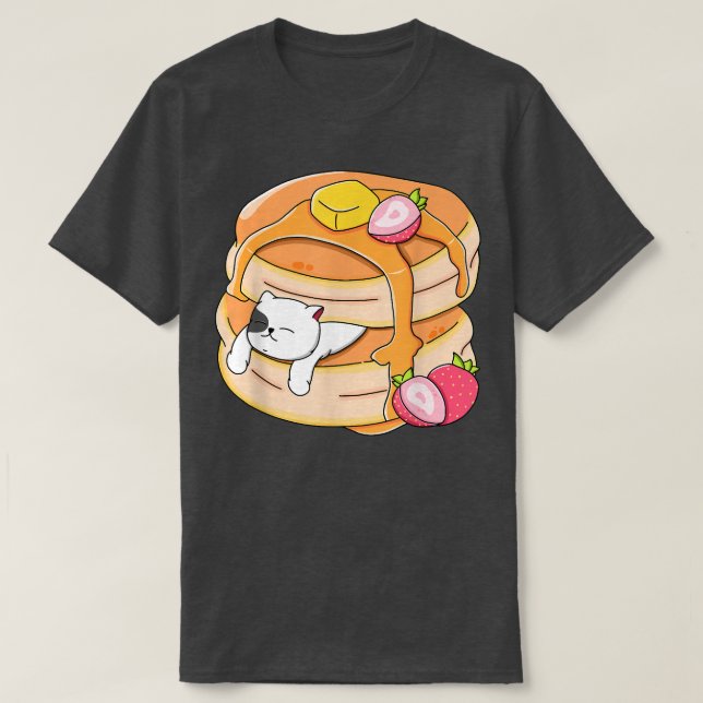 Camiseta Funny Cat Pancake Kawaii Strawberry Breakfast Anim (Frente do Design)