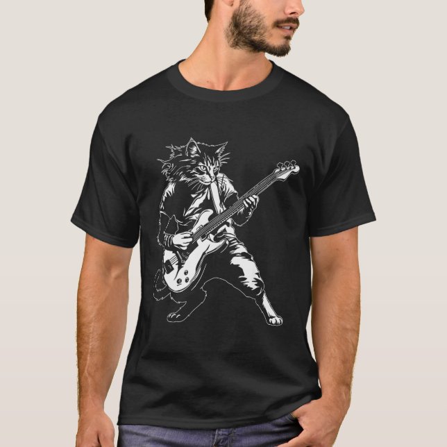 Camiseta Funny Cat Playing B Guitar Rock Music Lover Musici (Frente)