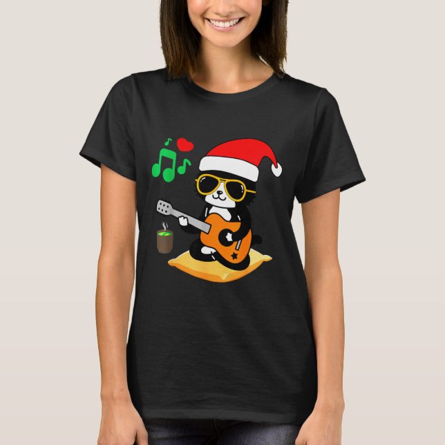 Camiseta Funny Cat Playing Guitar Sungles Santa Hat Christm (Frente)