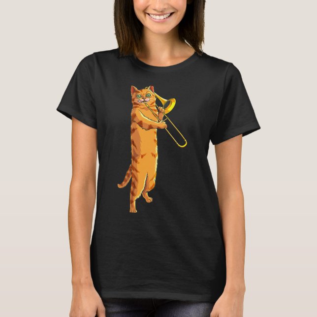 Camiseta Funny Cat Playing Trombone Gift Cool Kitten Musici (Frente)