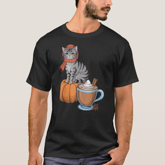 Camiseta Funny Cat Pumpkin Spice Coffee Thanksgiving Autumn (Frente)