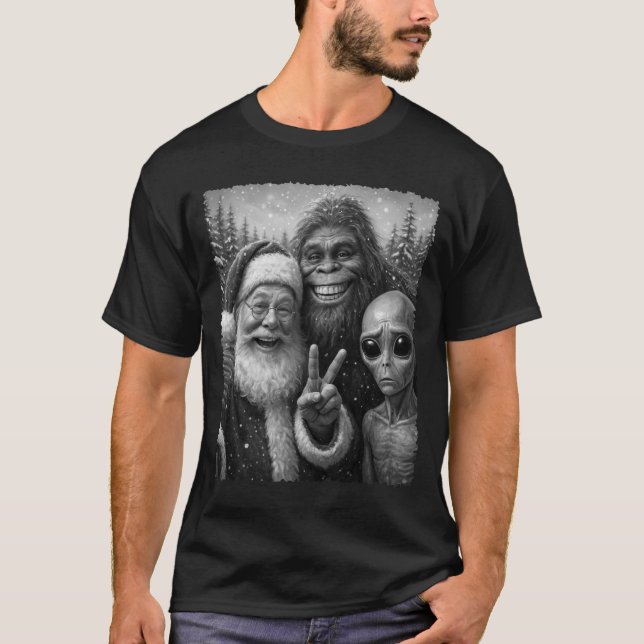 Camiseta Funny Cat Santa Bigfoot Alien Christmas Selfie Tee (Frente)