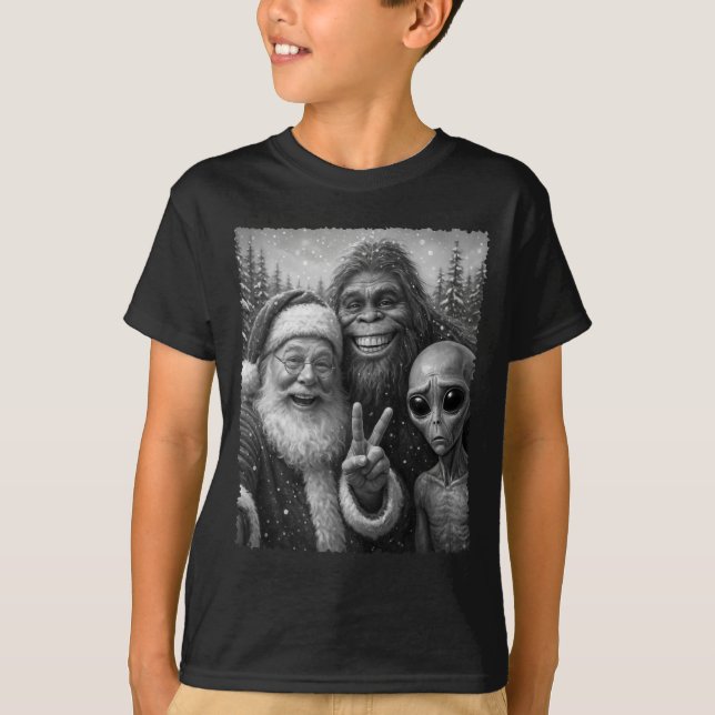Camiseta Funny Cat Santa Bigfoot Alien Christmas Selfie Tee (Frente)