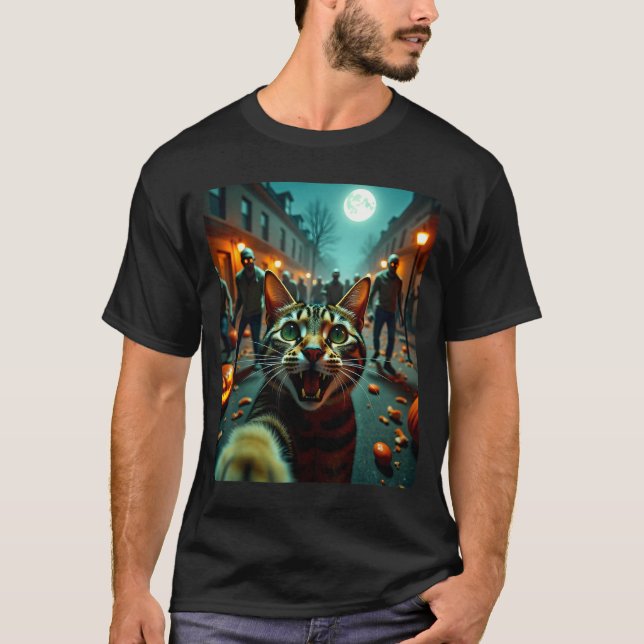 Camiseta Funny Cat Selfie Halloween Zombies Humor  (Frente)
