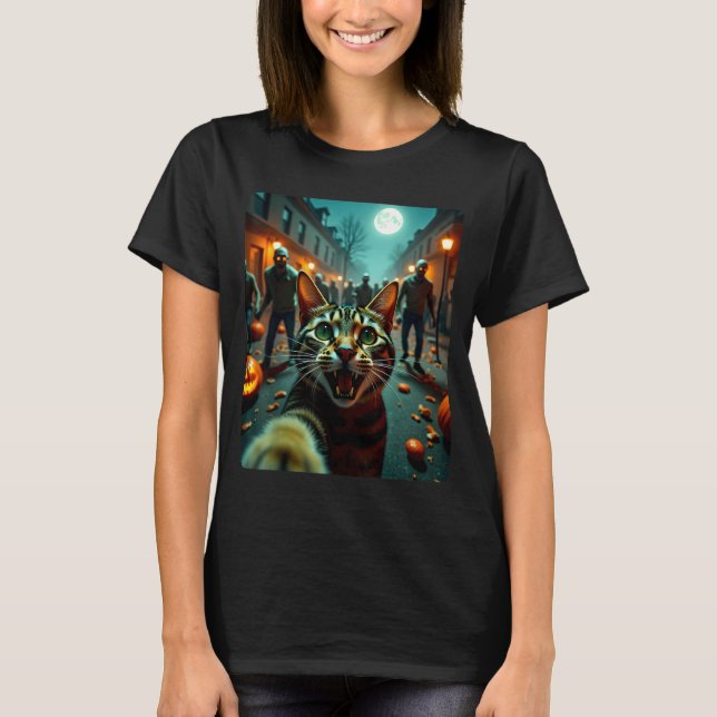 Camiseta Funny Cat Selfie Halloween Zombies Humor  (Frente)