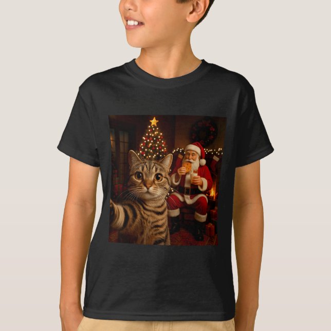 Camiseta Funny Cat Selfie Santa Claus Eating Cookies Christ (Frente)