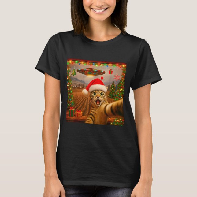 Camiseta Funny Cat Selfie With Alien Ufo Christmas Lights S (Frente)
