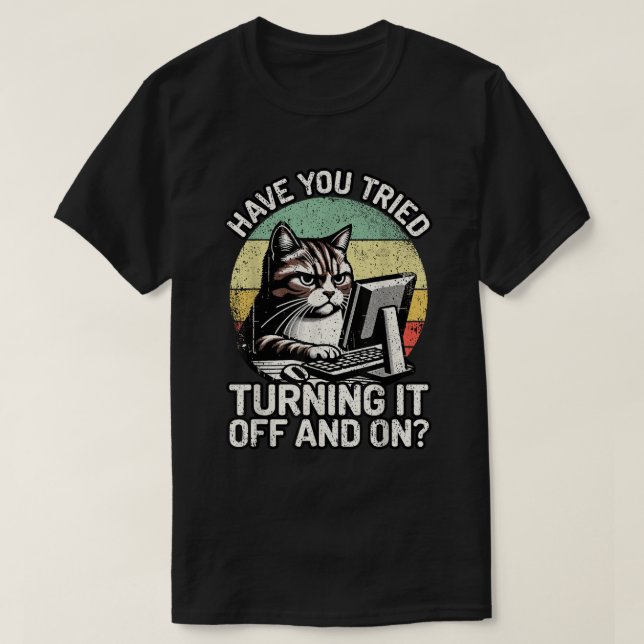 Camiseta Funny Cat Tech Support Retro Computer Meme (Frente do Design)