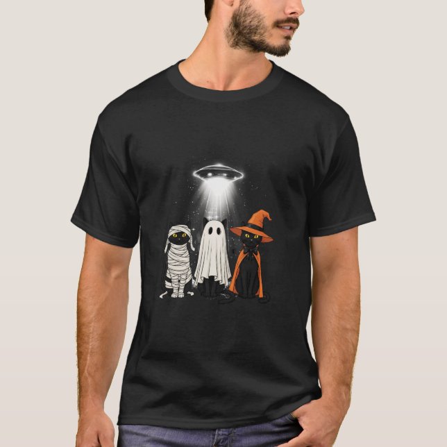 Camiseta Funny Cat UFO Three Kitty Space Spaceship Alien Ha (Frente)