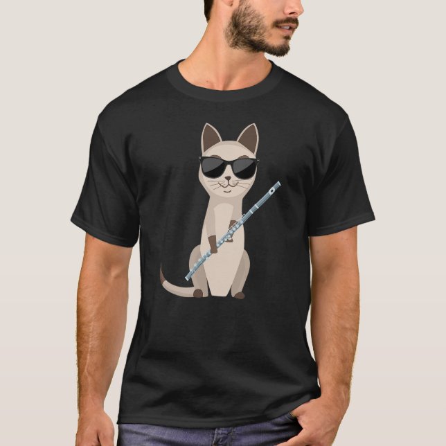 Camiseta Funny Cat Wearing Sunglasses Playing Flute Flutist (Frente)