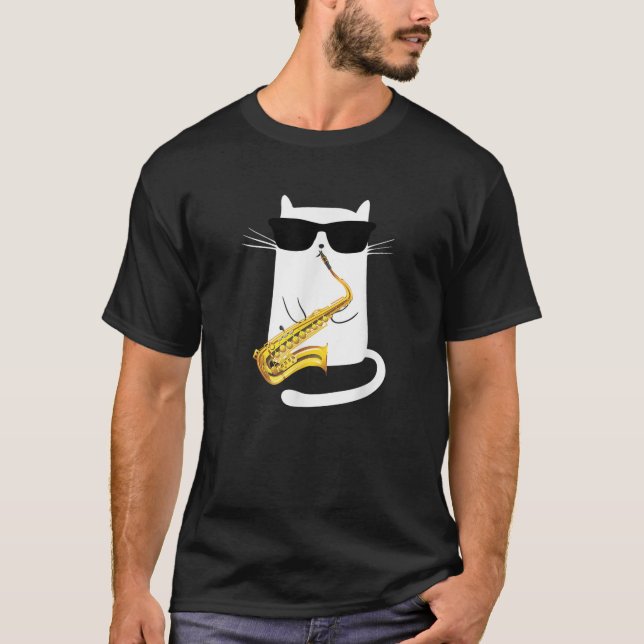 Camiseta Funny Cat Wearing Sunglasses Playing Saxophone   f (Frente)