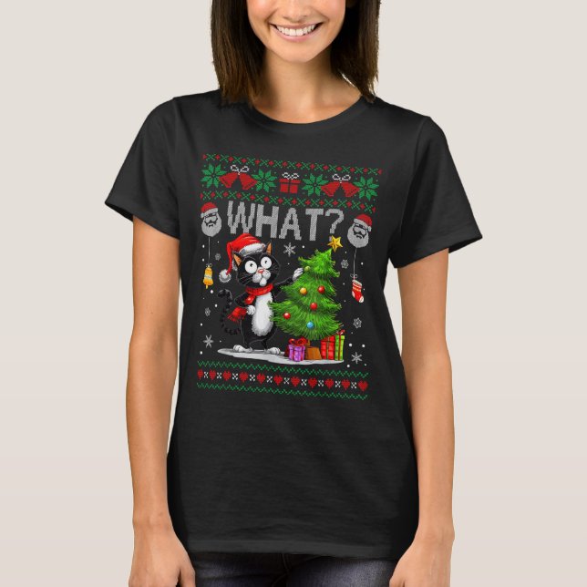 Camiseta Funny Cat What Black Cat Christmas Tree Ugly Xmas  (Frente)