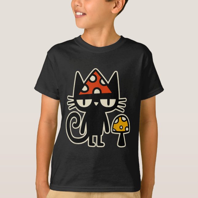 Camiseta Funny Cat With Mushroom Hat Black Cat With Toadsto (Frente)
