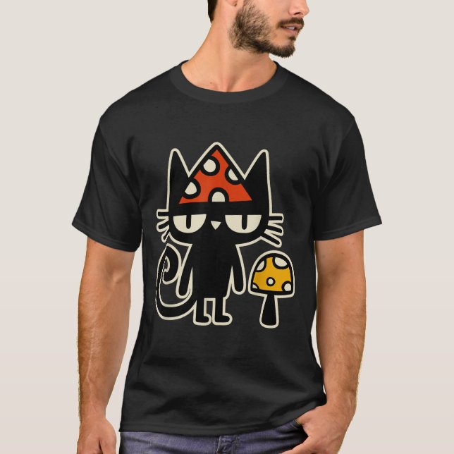 Camiseta Funny Cat With Mushroom Hat Black Cat With Toadsto (Frente)