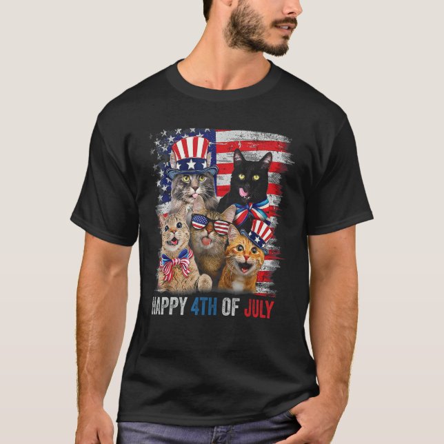 Camiseta Funny Cats Happy 4th Of July American US Flag 4th  (Frente)