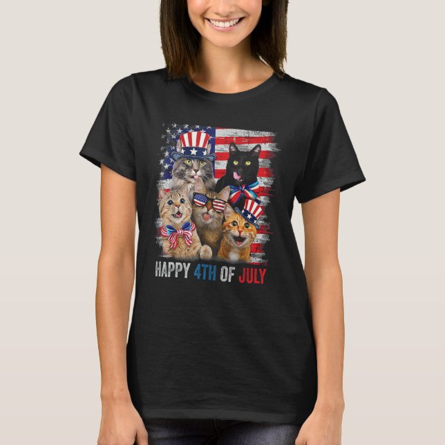 Camiseta Funny Cats Happy 4th Of July American US Flag 4th  (Frente)