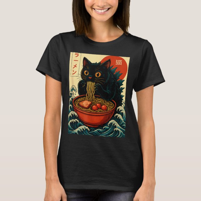 Camiseta Funny Catzilla Anime Ramen Japanese Cat Men Women  (Frente)