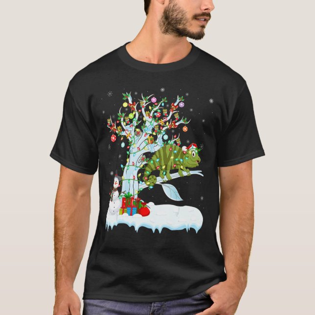 Camiseta Funny Chameleon Xmas Tree Lighting Papai noel Cham (Frente)