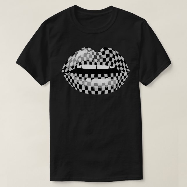 Camiseta Funny Checkered Black White Lip Gift Cute Checkerb (Frente do Design)