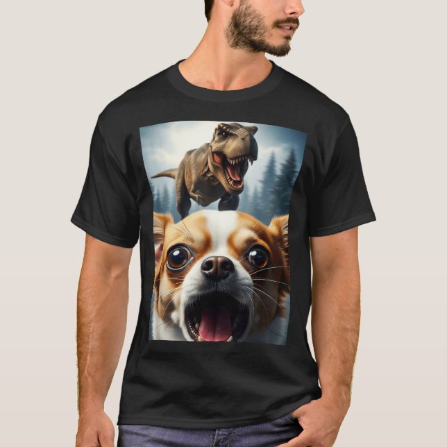Camiseta Funny Chihuahua Dog Selfie With T-rex Women Men Ki (Frente)