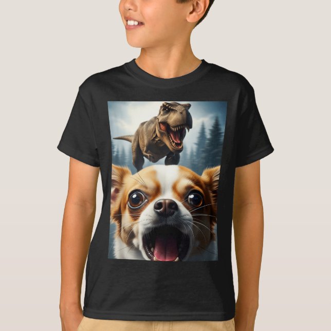Camiseta Funny Chihuahua Dog Selfie With T-rex Women Men Ki (Frente)