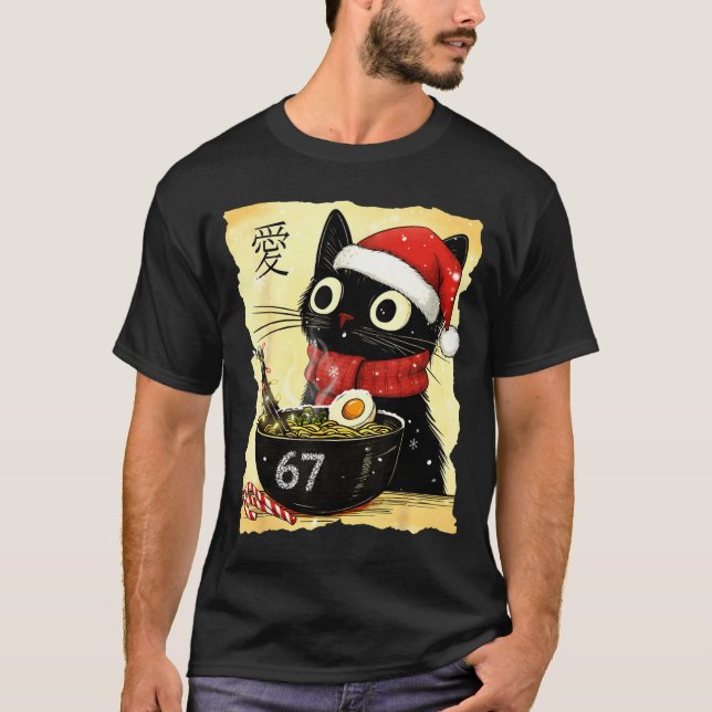 Camiseta Funny Christmas 67 Six Seven Cat Ramen Japanese Ka (Frente)