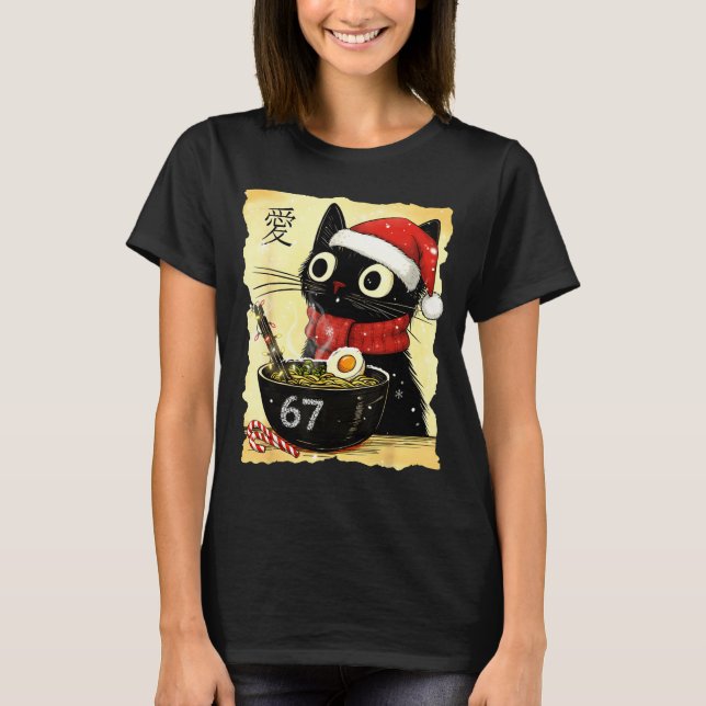 Camiseta Funny Christmas 67 Six Seven Cat Ramen Japanese Ka (Frente)