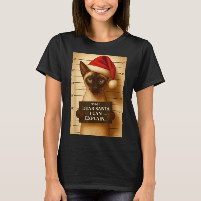 Camiseta Funny Christmas Cat- Cute Siamese Santa Hat Tee  (Frente)