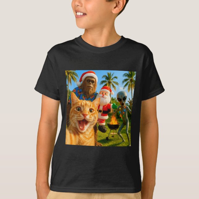 Camiseta Funny Christmas Cat Selfie With Bigfoot &amp; Alie (Frente)