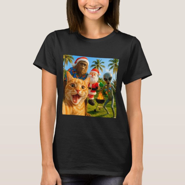 Camiseta Funny Christmas Cat Selfie With Bigfoot &amp; Alie (Frente)