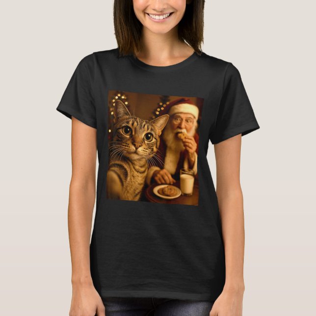 Camiseta Funny Christmas Cat Selfie With Santa Claus Meme M (Frente)
