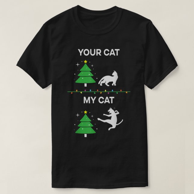 Camiseta Funny Christmas Cat Tree Meme Your Cat vs My Cat (Frente do Design)