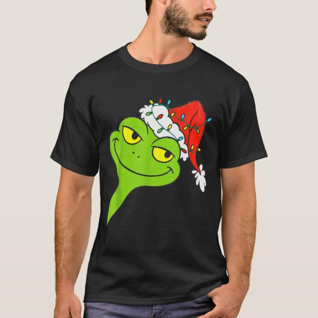 Camiseta Funny Christmas Frog Wearing Santa Hat And Lights  (Frente)